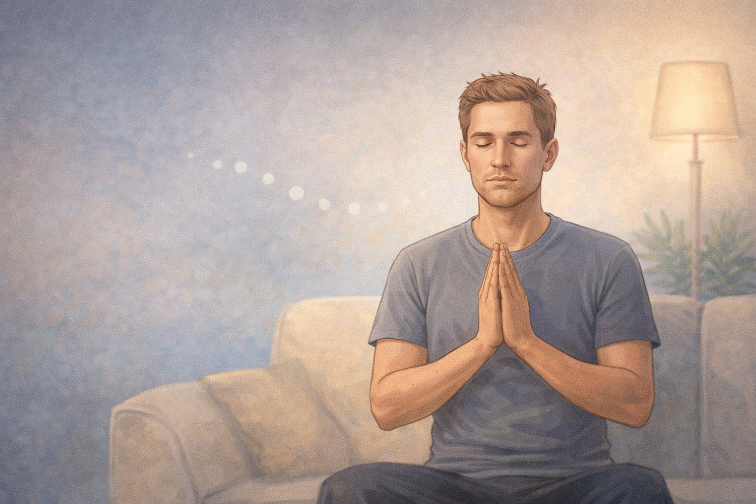 Bărbat care își calmează emoțiile prin respirație și pauză conștientă înainte de a comunica într-o relație de cuplu