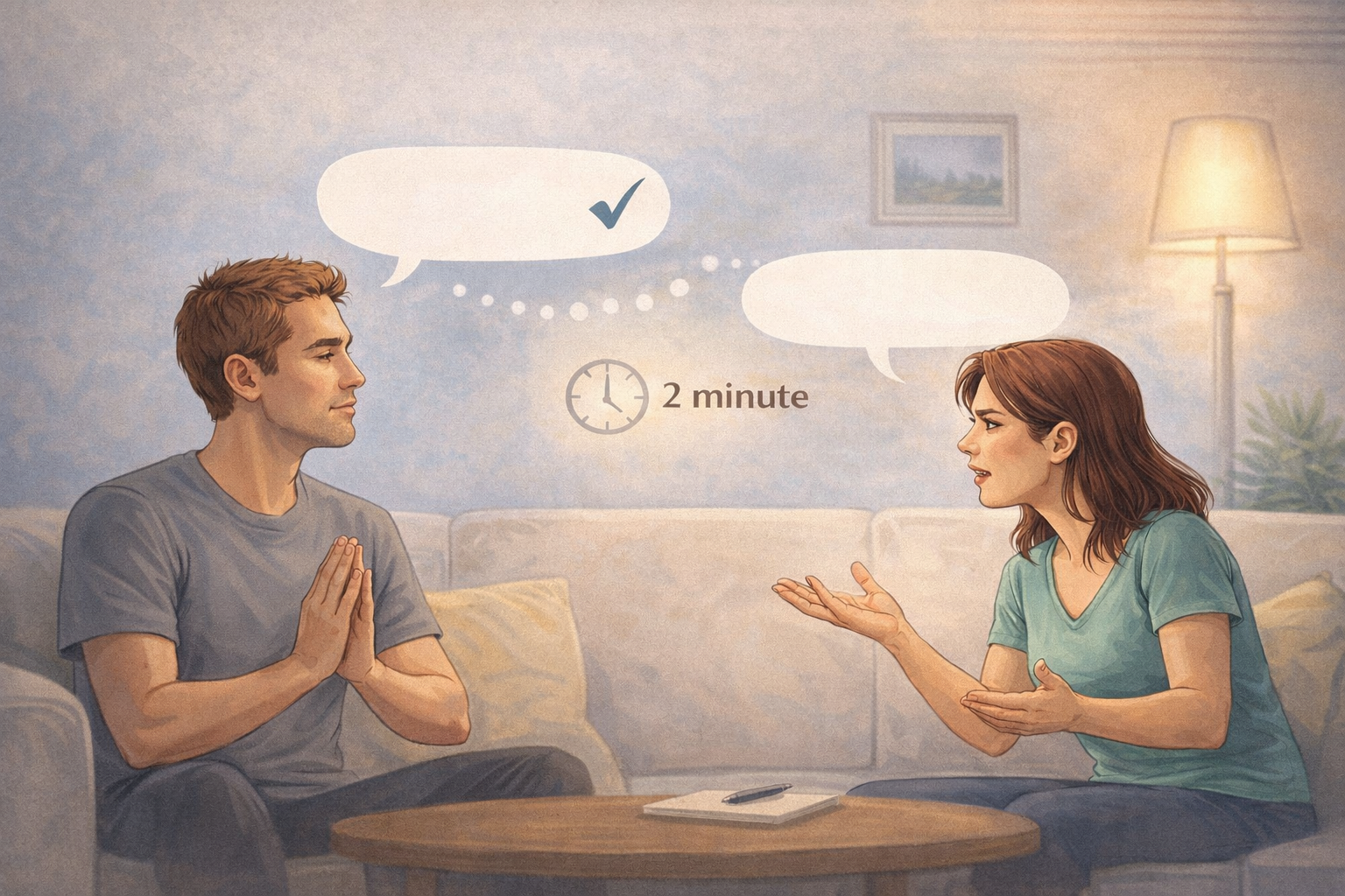 Cuplu care practică ascultarea activă, discutând calm timp de două minute pentru a se înțelege și a clarifica emoțiile