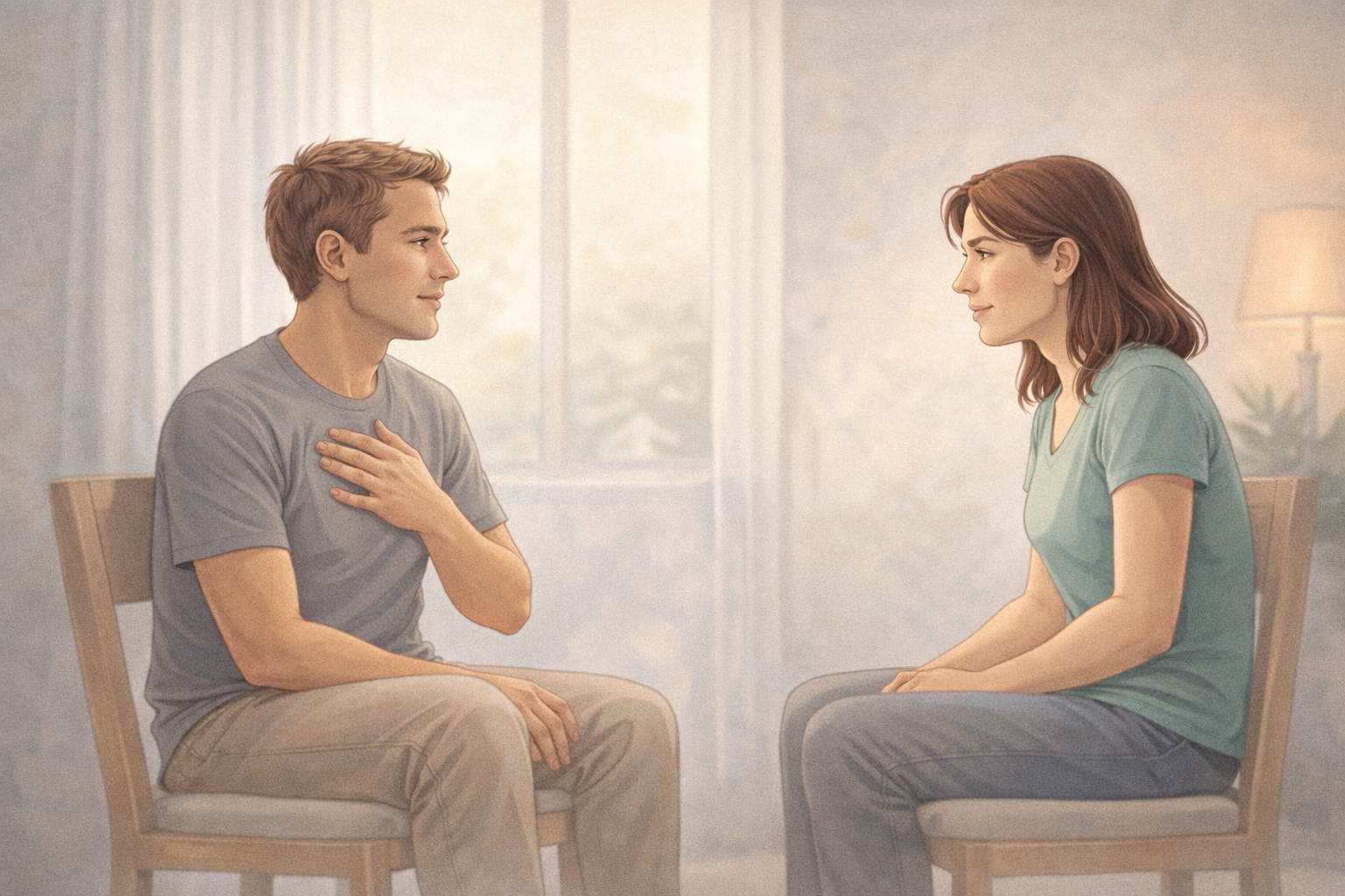 Cuplu care discută calm față în față, exprimând emoții și nevoi personale pentru a ajunge la o soluție de comun acord